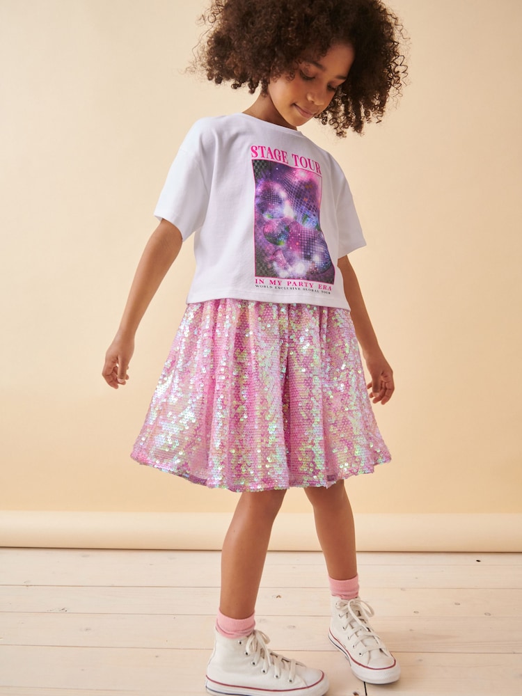 White/Pink Glitterball Graphic T-Shirt and Sequin Skirt Set (3-16yrs) - Image 1 of 8 White/Pink Glitterball Graphic T-Shirt and Sequin Skirt Set (3-16yrs) - Image 1 of 8