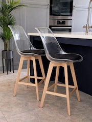 Fusion Living Set of 2 Black Soho Clear Plastic Bar Stools with Light Wood Legs - Image 1 of 5