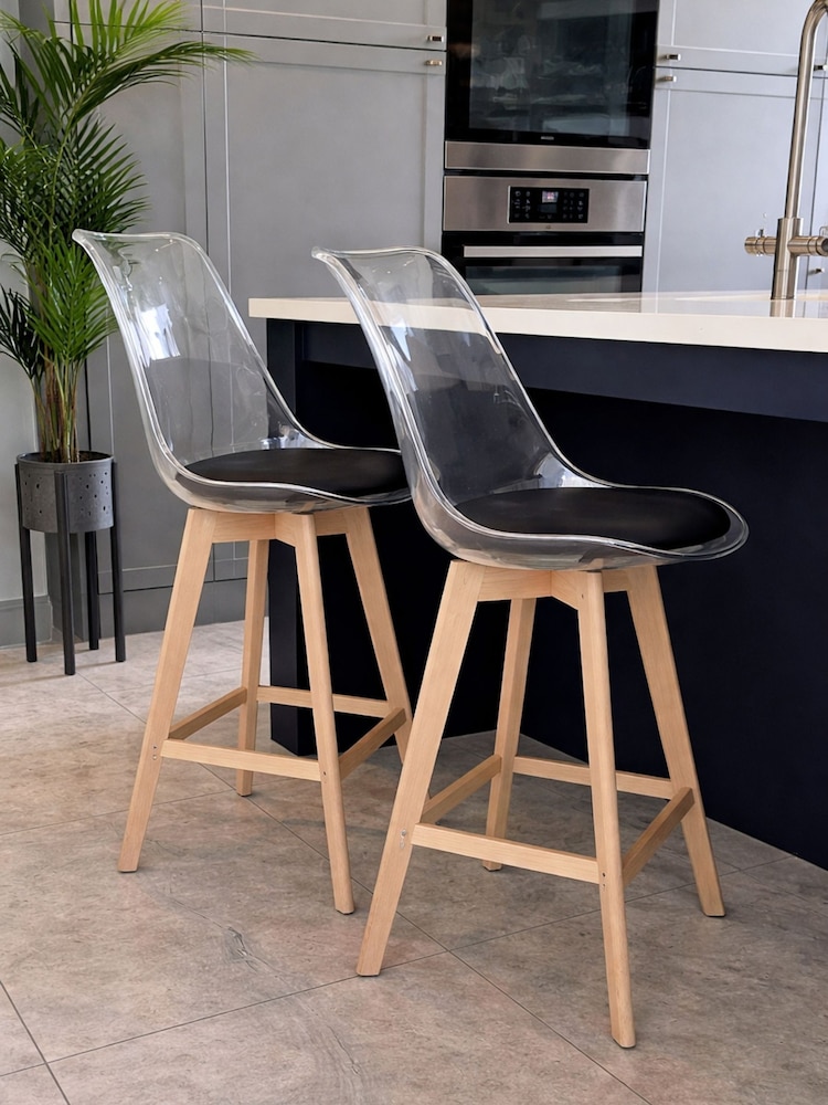 Fusion Living Set of 2 Black Soho Clear Plastic Bar Stools with Light Wood Legs - Image 1 of 5