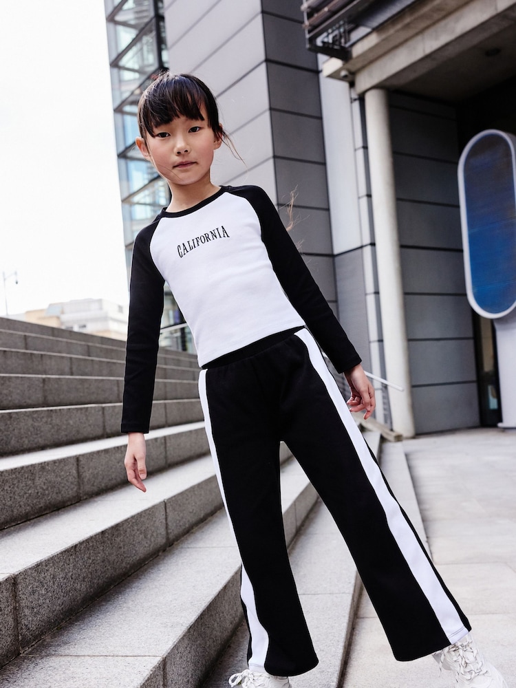 Black/White Rib Raglan T-Shirt and Wide Leg Joggers Set (3-16yrs) - Image 1 of 6