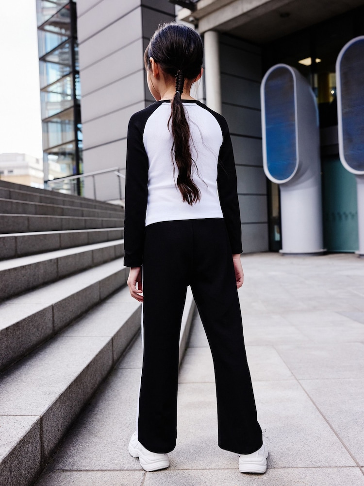 Black/White Rib Raglan T-Shirt and Wide Leg Joggers Set (3-16yrs) - Image 2 of 6