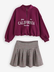 Burgundy Red Varsity Bubble Hem 100% Cotton Sweat & Check Skirt Set (3-16yrs) - Image 6 of 8