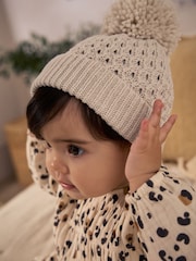Cream Knitted Pom Waffle Baby Hat - Image 2 of 4