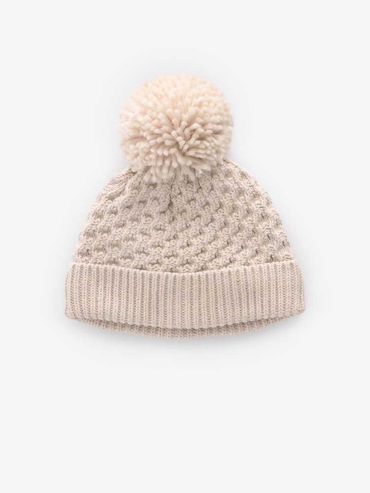 Cream Knitted Pom Waffle Baby Hat - Image 3 of 4