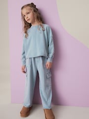 أزرق - Sweat and Wide Leg 100% Cotton Cargo Joggers Set (3-16yrs) - صورة 2 من 9