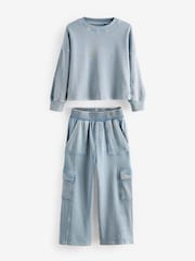 أزرق - Sweat and Wide Leg 100% Cotton Cargo Joggers Set (3-16yrs) - صورة 6 من 9
