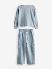 أزرق - Sweat and Wide Leg 100% Cotton Cargo Joggers Set (3-16yrs) - صورة 7 من 9