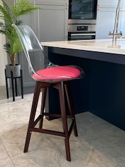 Fusion Living Bright Pink Soho Clear Plastic Bar Stool with Dark Wood Legs - Image 1 of 5