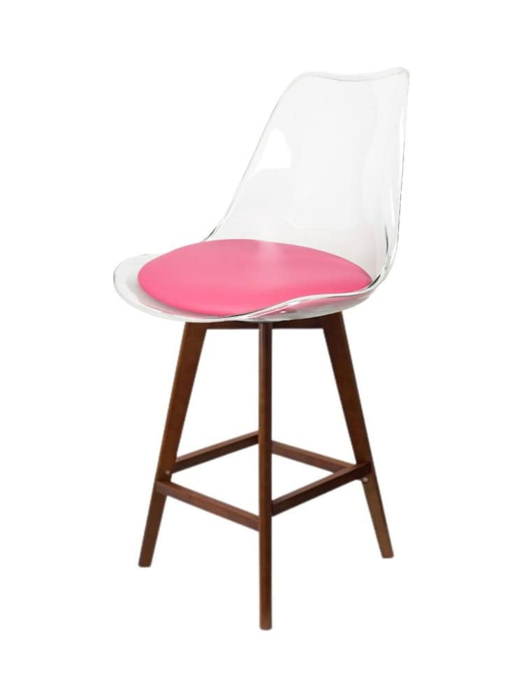 Fusion Living Bright Pink Soho Clear Plastic Bar Stool with Dark Wood Legs - Image 2 of 5