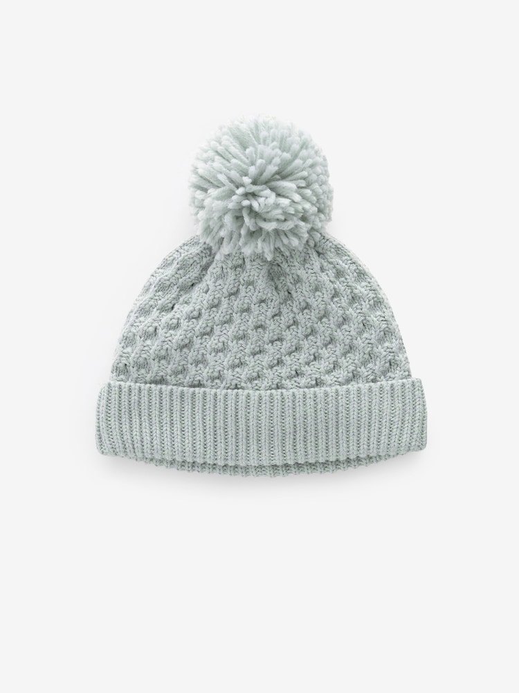 Mint Green Knitted Pom Waffle Baby Hat - Image 1 of 2