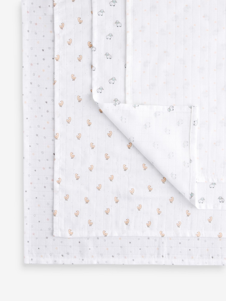 White Delicate Animal Baby Muslins 100% Cotton Cloths 4 Pack - Image 4 of 11