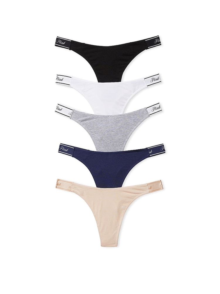 PINK Black/White/Nude/Grey/Navy Blue Thong 5 Pack Knickers - Image 1 of 3