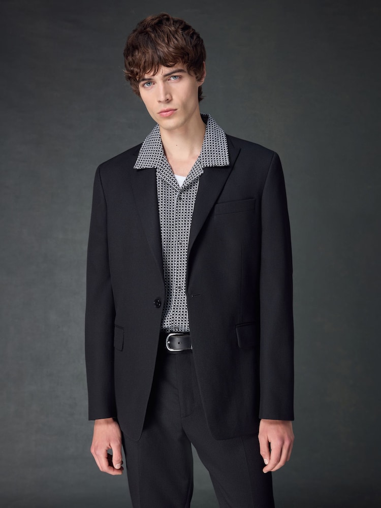 Black Slim Fit Textured Stripe Suit Jacket - Image 1 of 10