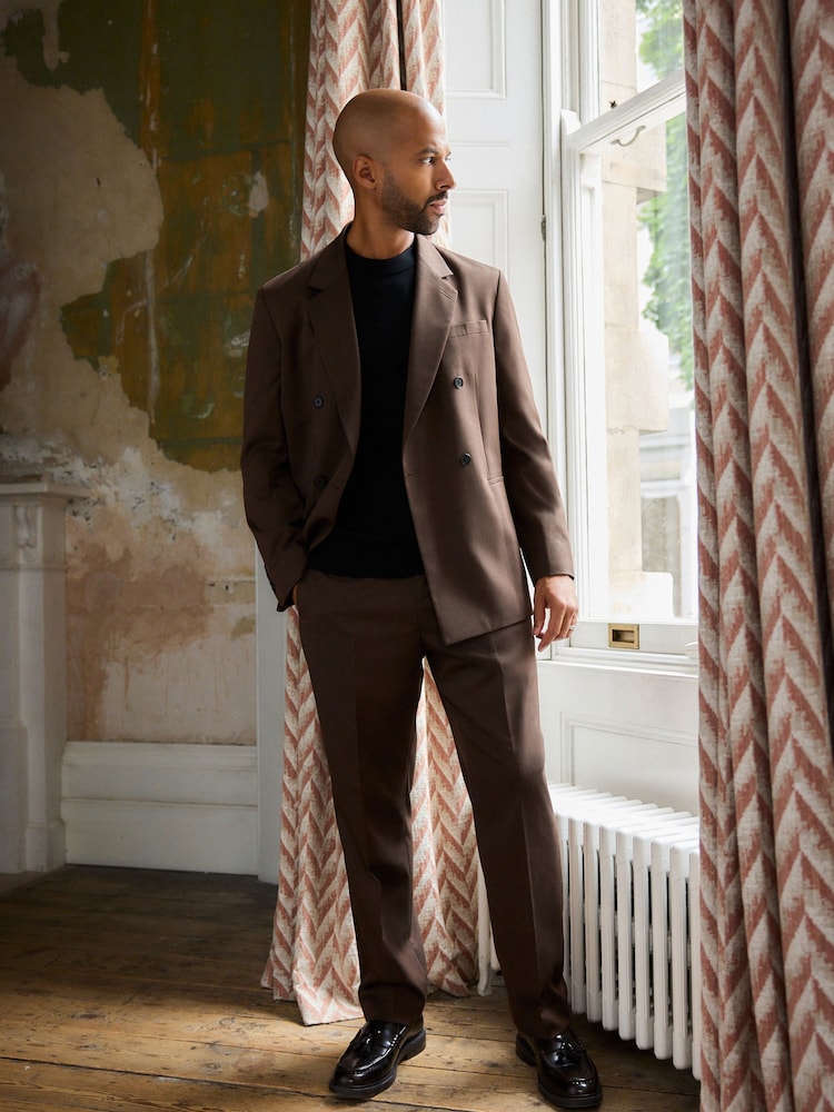 Rdzawy brąz - Double Breasted Twill Relaxed Fit Suit Jacket - Image 1 of 12