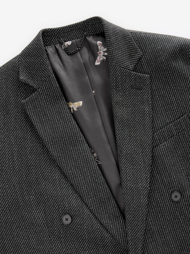 Black Textured Double Breasted Suit Jacket - Image 10 of 13