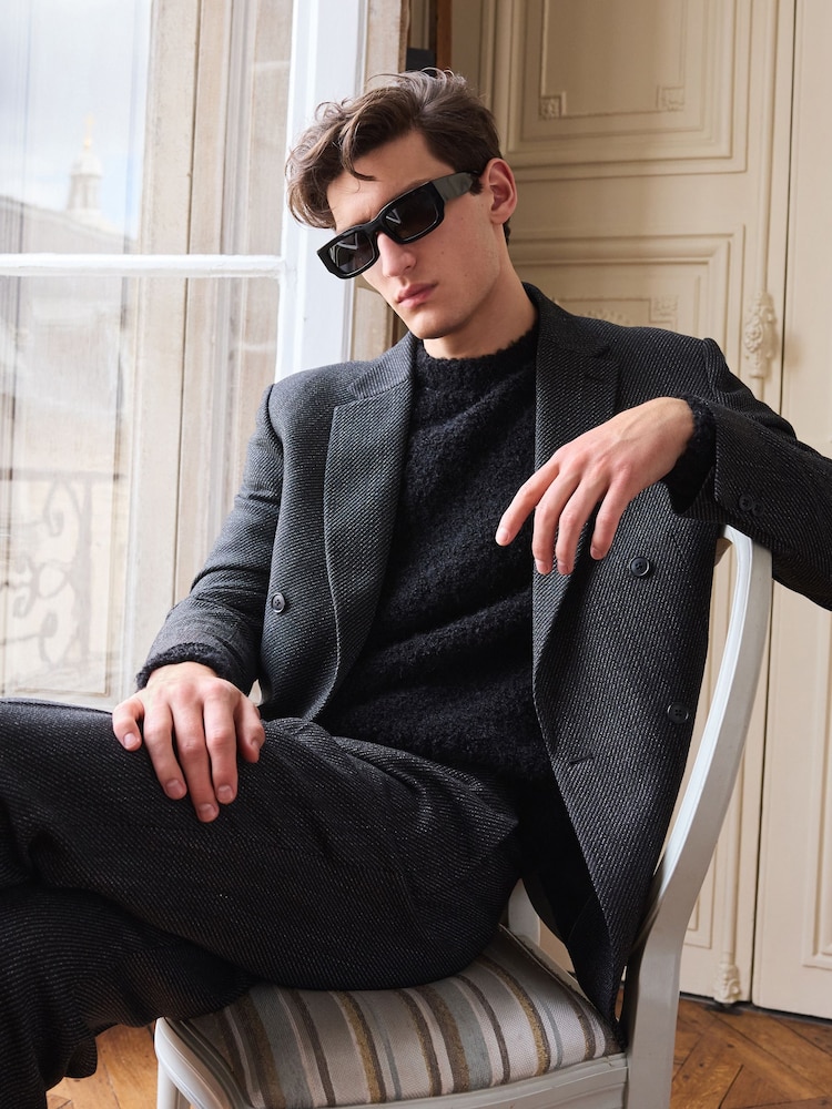 Black Textured Double Breasted Suit Jacket - Image 3 of 13