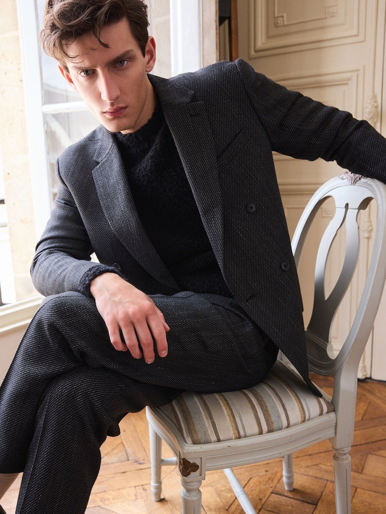 Black Textured Double Breasted Suit Jacket - Image 4 of 13