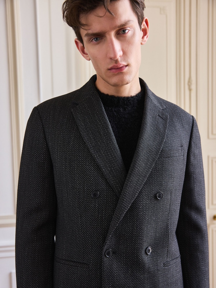 Black Textured Double Breasted Suit Jacket - Image 6 of 13