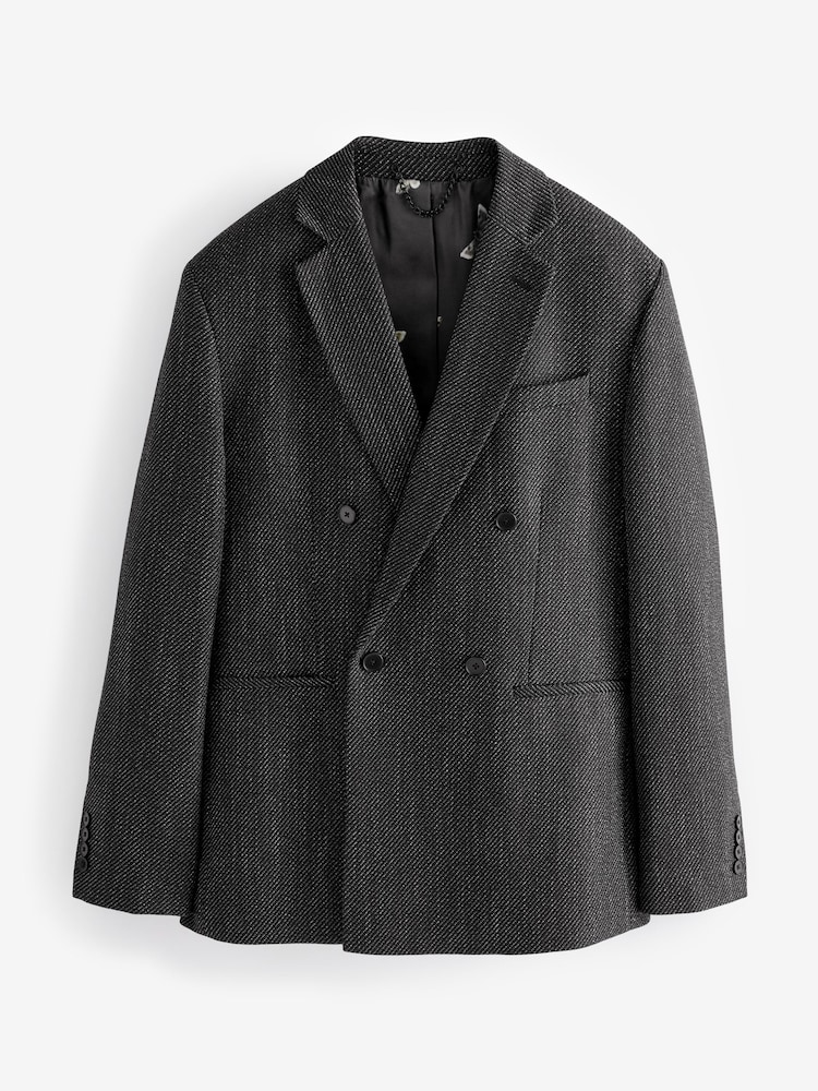 Black Textured Double Breasted Suit Jacket - Image 9 of 13