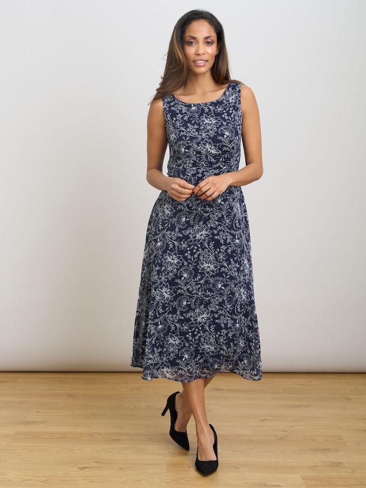 Gina Bacconi Blue Octavia Chiffon Floral Midi Dress - Image 1 of 5