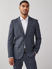 Navy Blue Textured Micro Check Suit Jacket - Image 1 of 11