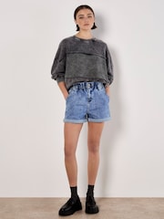 Apricot Blue Ruched Denim Rolled Hem Shorts - Image 1 of 5