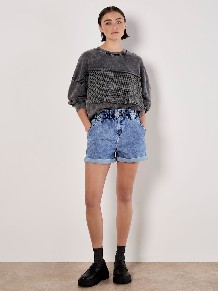 Apricot Blue Ruched Denim Rolled Hem Shorts - Image 1 of 5