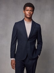 Navy Blue Slim Fit Flannel Stripe Suit Jacket - Image 1 of 11