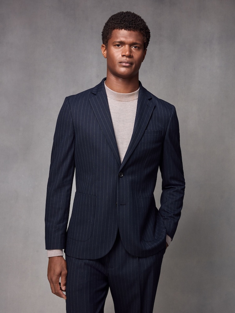 Navy Blue Slim Fit Flannel Stripe Suit Jacket - Image 1 of 11