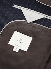 Navy Blue Slim Fit Flannel Stripe Suit Jacket - Image 10 of 11