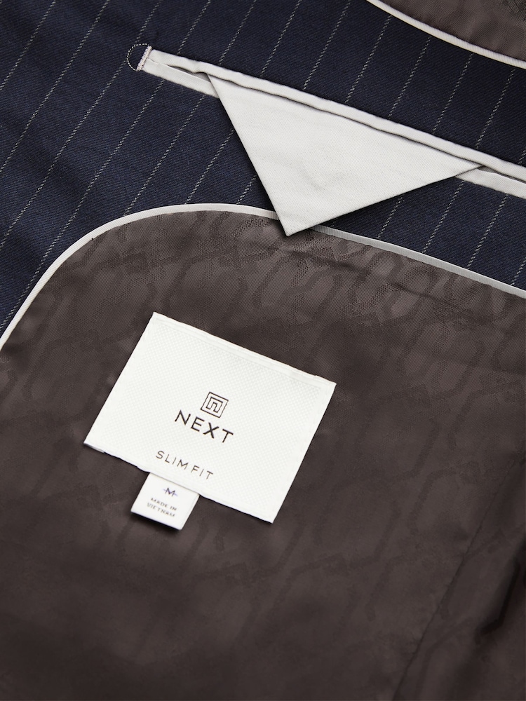 Navy Blue Slim Fit Flannel Stripe Suit Jacket - Image 10 of 11