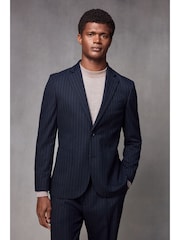 Navy Blue Slim Fit Flannel Stripe Suit Jacket - Image 2 of 11