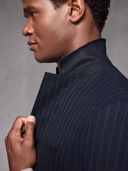 Navy Blue Slim Fit Flannel Stripe Suit Jacket - Image 4 of 11