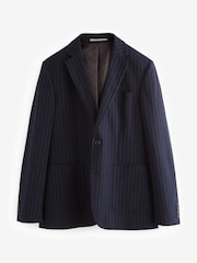 Navy Blue Slim Fit Flannel Stripe Suit Jacket - Image 7 of 11