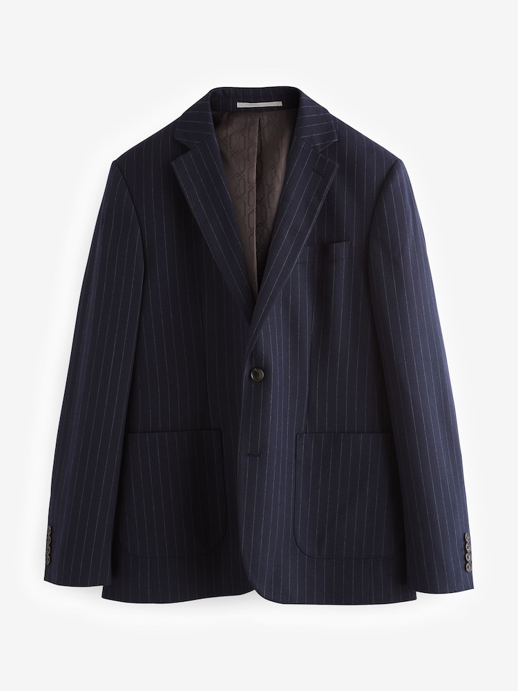 Navy Blue Slim Fit Flannel Stripe Suit Jacket - Image 7 of 11
