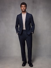 Navy Blue Slim Fit Flannel Stripe Suit Trousers - Image 2 of 9