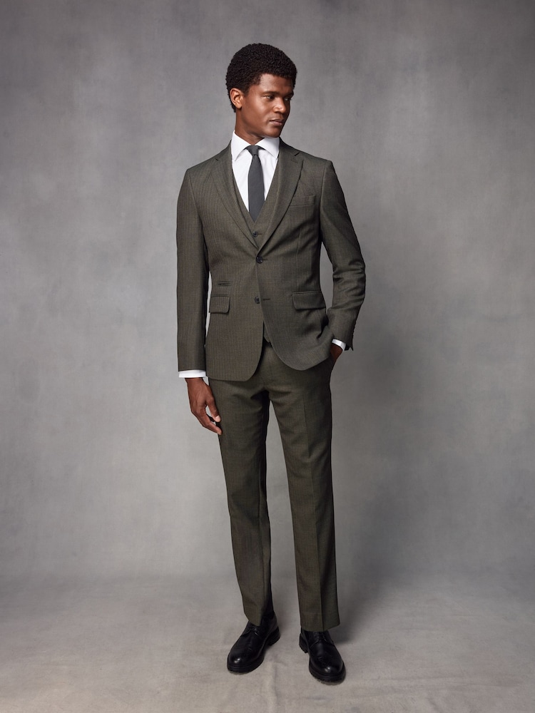 Green Slim Fit Textured Wool Suit Trousers - Image 2 of 9