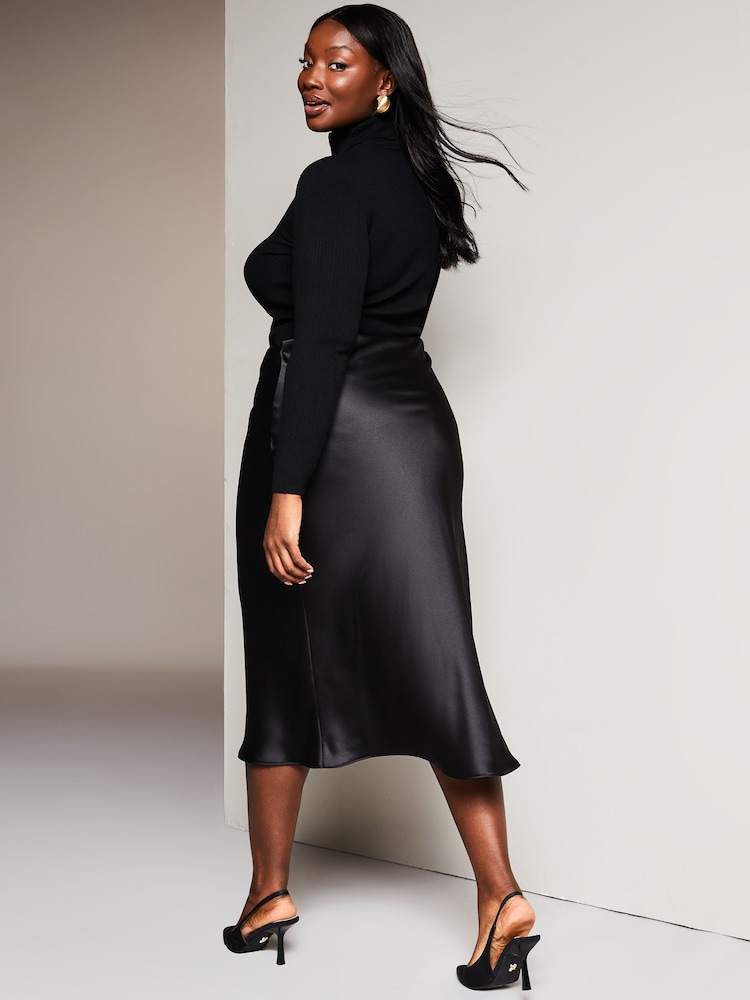 Lipsy Solid Black Curve Satin Bias Cut Midi Skirt - Image 2 of 4