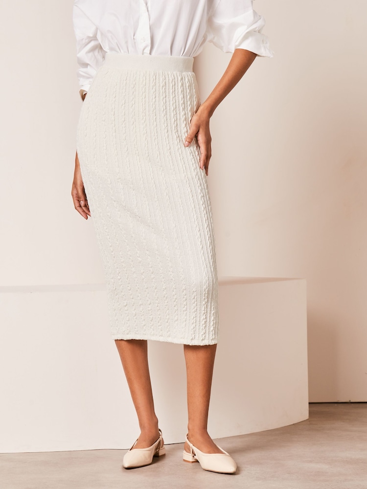 Lipsy Ivory White Cable Knit Column Midi Skirt - Image 1 of 4 Lipsy Ivory White Cable Knit Column Midi Skirt - Image 1 of 4