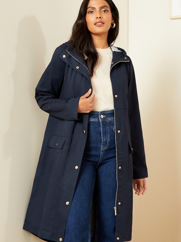 Love & Roses Navy Blue Petite Shower Resistant Parka Rain Coat - Image 1 of 4