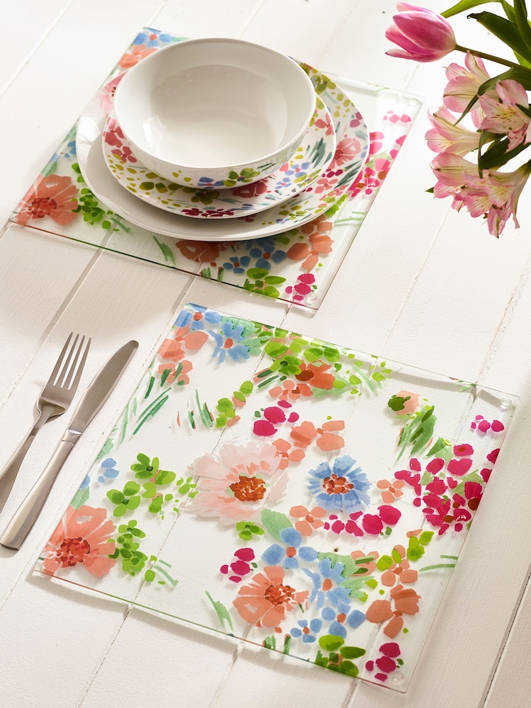Set of 2 Pink Lisse Floral Glass Placemats - Image 1 of 3