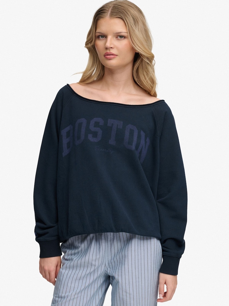 SUPERDRY Blue Athletic Essentials Bardot Crew Sweatshirt - Image 1 of 7 SUPERDRY Blue Athletic Essentials Bardot Crew Sweatshirt - Image 1 of 7