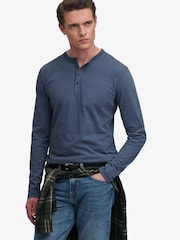 SUPERDRY Blue Slub Long Sleeve Jersey Grandad Top - Image 1 of 8