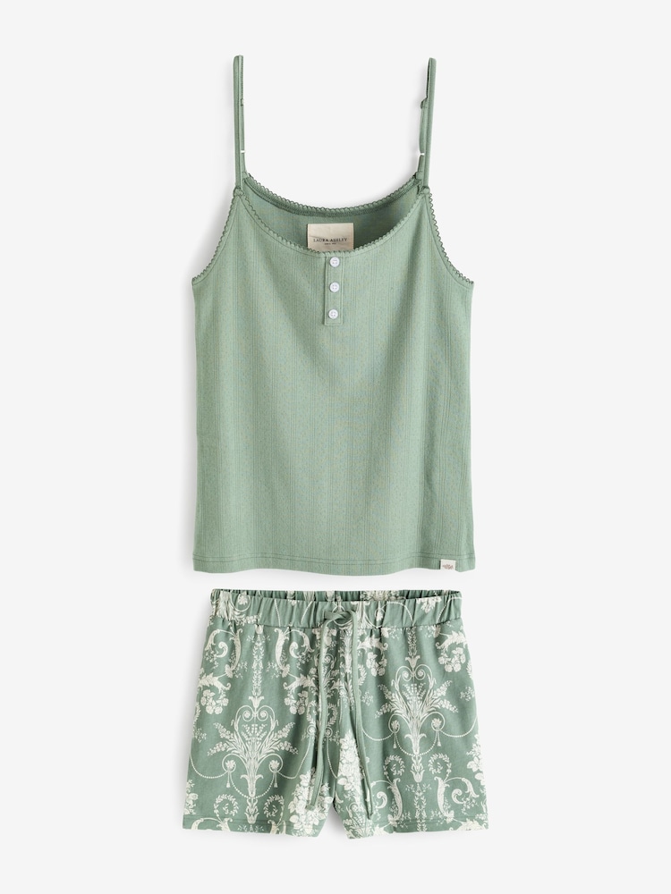 Laura Ashley Green Josette Print 100% Cotton Pointelle Cami And Jersey Short Pyjamas - Image 5 of 8