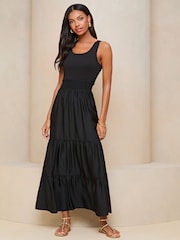 Lipsy Chambray Petite Halter Sleeveless Hybrid Mix Tiered Maxi Dress - Image 1 of 4