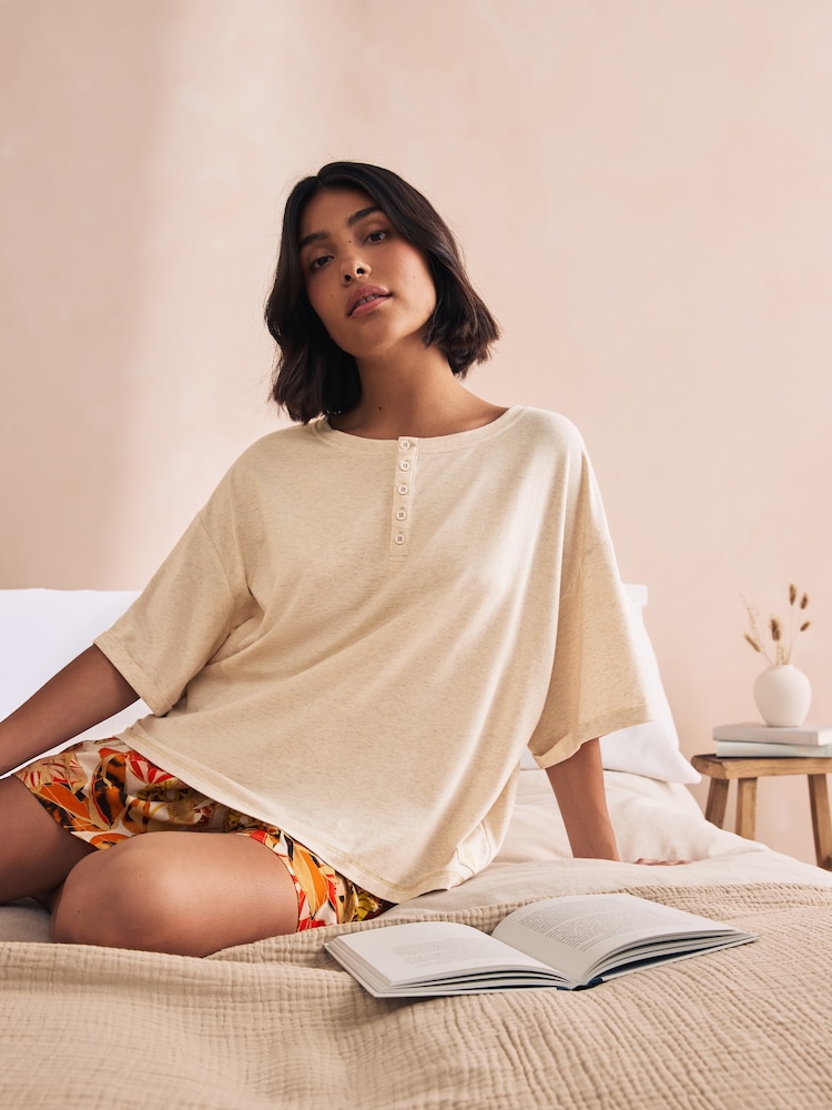 Bath & Body Works Orange/Neutral 100% Cotton Oversized Top and Boxer Shorts Pyjama Shorts Set - Image 1 of 11