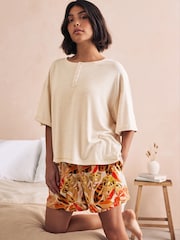 Bath & Body Works Orange/Neutral 100% Cotton Oversized Top and Boxer Shorts Pyjama Shorts Set - Image 2 of 11