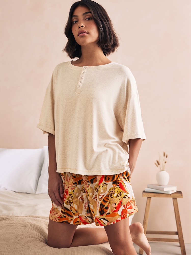 Bath & Body Works Orange/Neutral 100% Cotton Oversized Top and Boxer Shorts Pyjama Shorts Set - Image 2 of 11