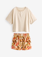 Bath & Body Works Orange/Neutral 100% Cotton Oversized Top and Boxer Shorts Pyjama Shorts Set - Image 8 of 11