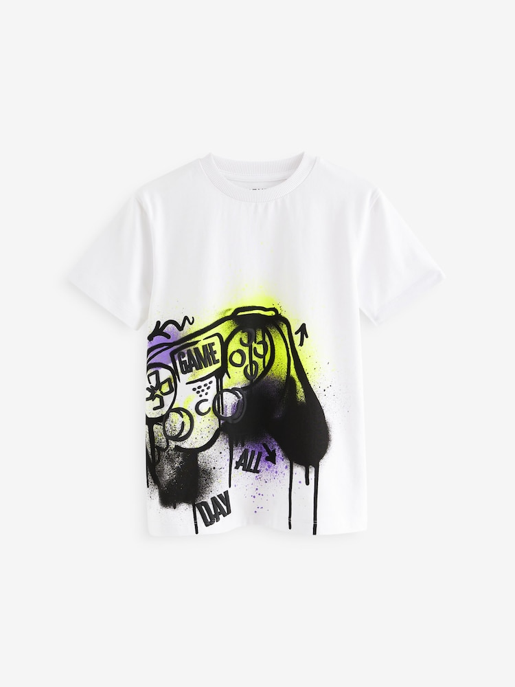 White Graffiti Gaming Short Sleeves Graphic 100% Cotton T-Shirt (3-16yrs) - Image 1 of 3 White Graffiti Gaming Short Sleeves Graphic 100% Cotton T-Shirt (3-16yrs) - Image 1 of 3
